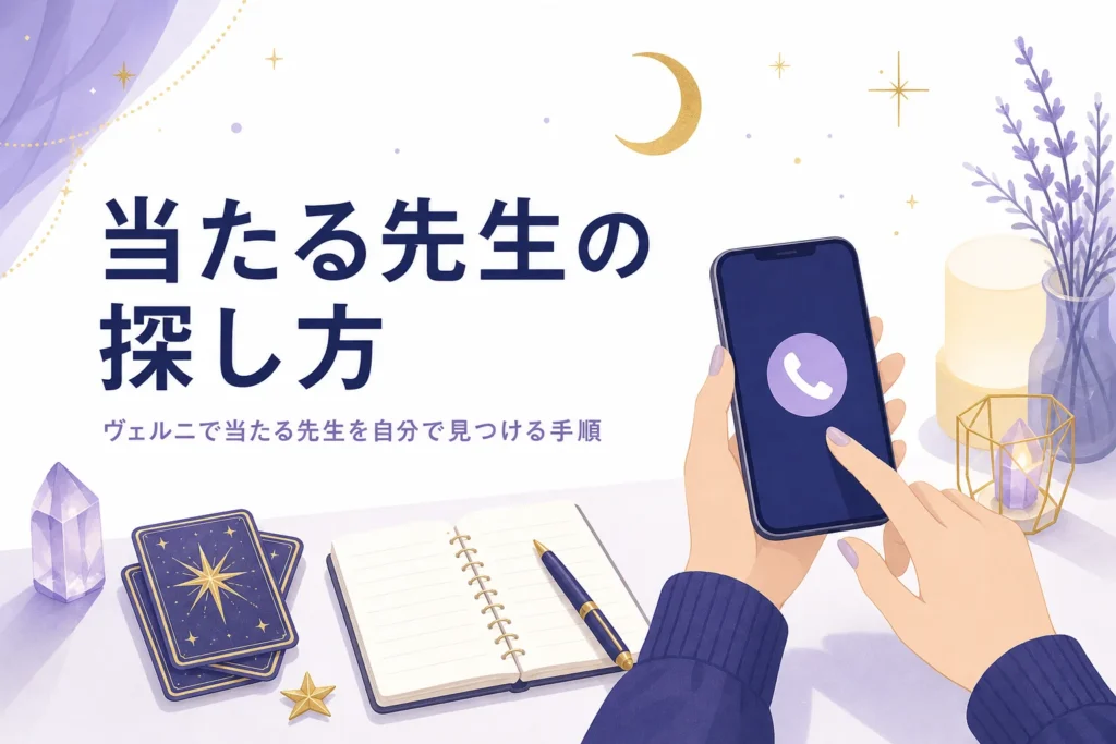 電話占いヴェルニで当たる先生を、公式の検索とプロフィールで自分で見つける手順を紹介する記事のアイキャッチ