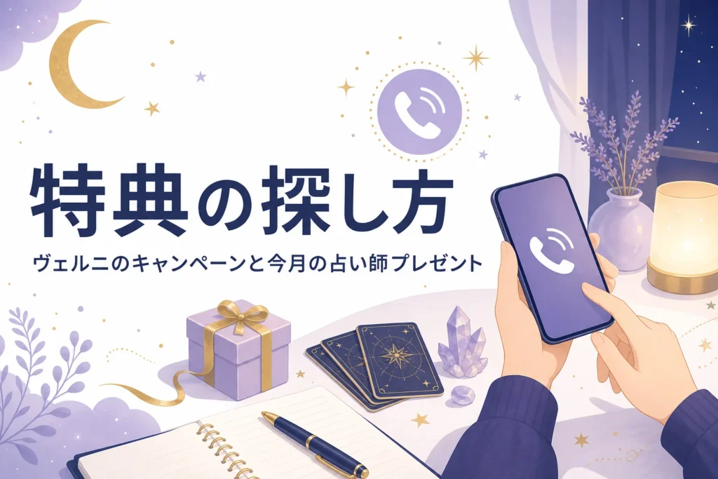 ヴェルニのキャンペーンと今月の占い師プレゼント、特典の探し方を紹介する記事のアイキャッチ