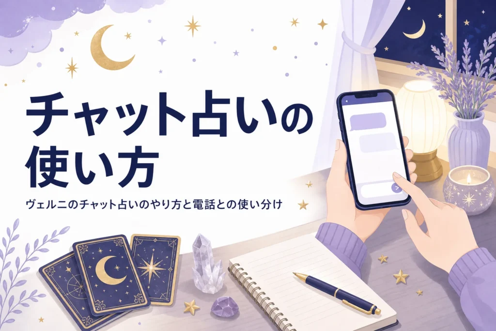 ヴェルニのチャット占いのやり方と、電話占い・メール占いとの使い分けを紹介する記事のアイキャッチ