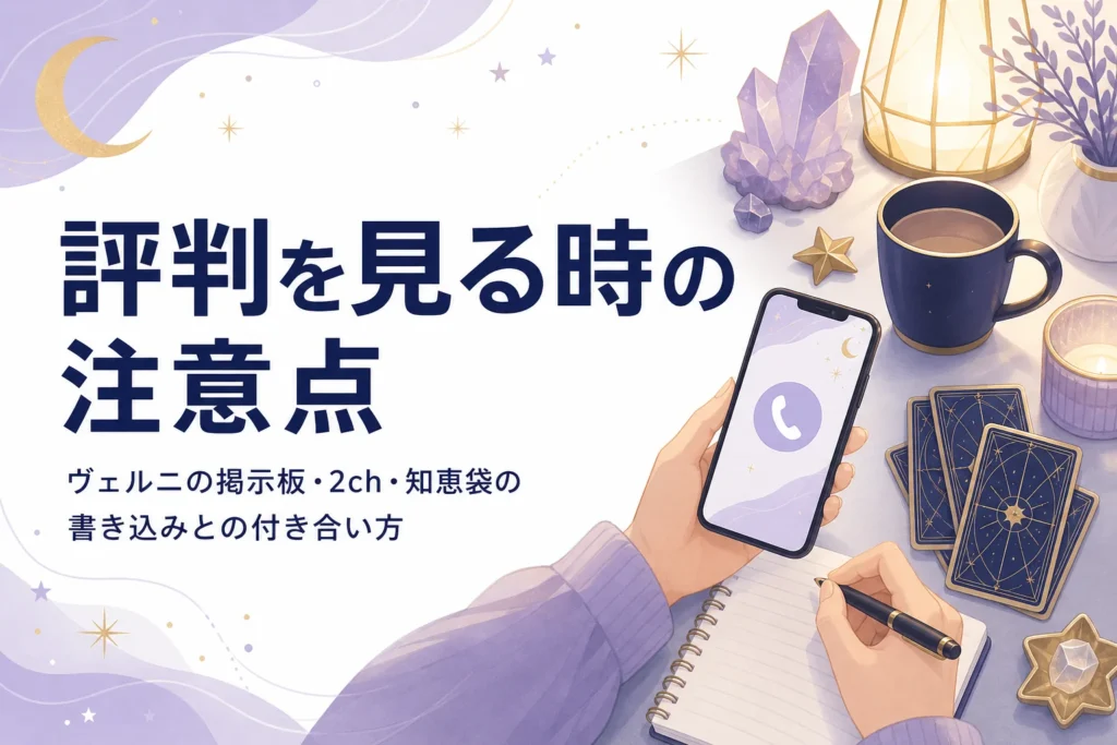 電話占いヴェルニの掲示板や2ch、知恵袋の評判を見る時の注意点と、公式の情報での確かめ方を紹介する記事のアイキャッチ