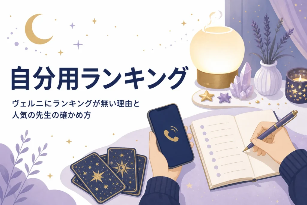 電話占いヴェルニにランキングが無い理由と、公式の情報で人気の先生を確かめる方法を紹介する記事のアイキャッチ