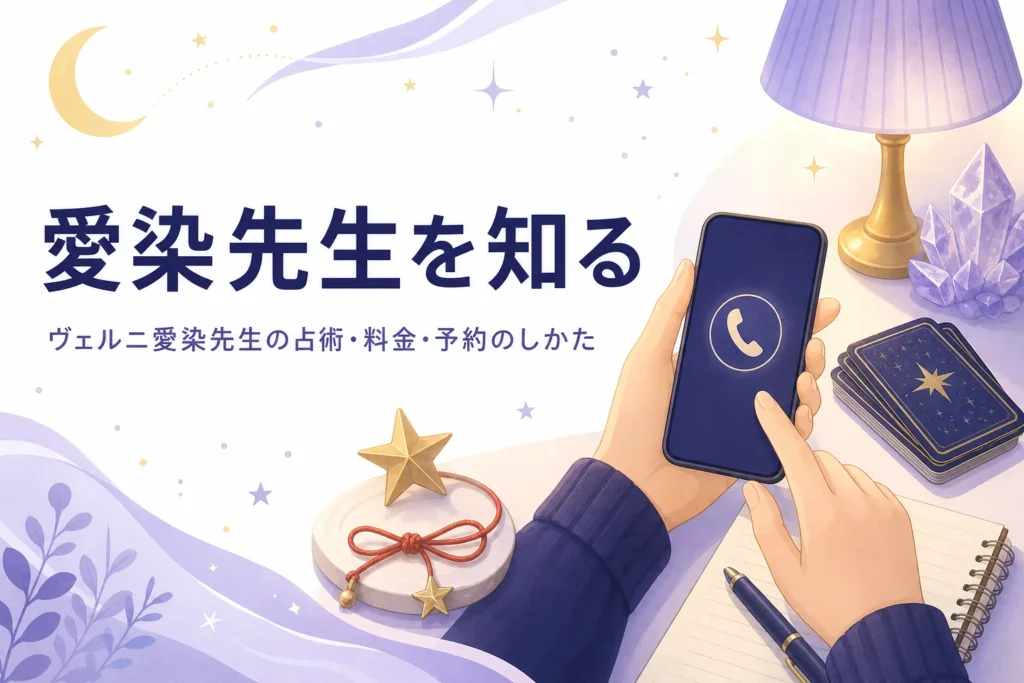 電話占いヴェルニの愛染先生の占術・料金・予約のしかたを紹介する記事のアイキャッチ