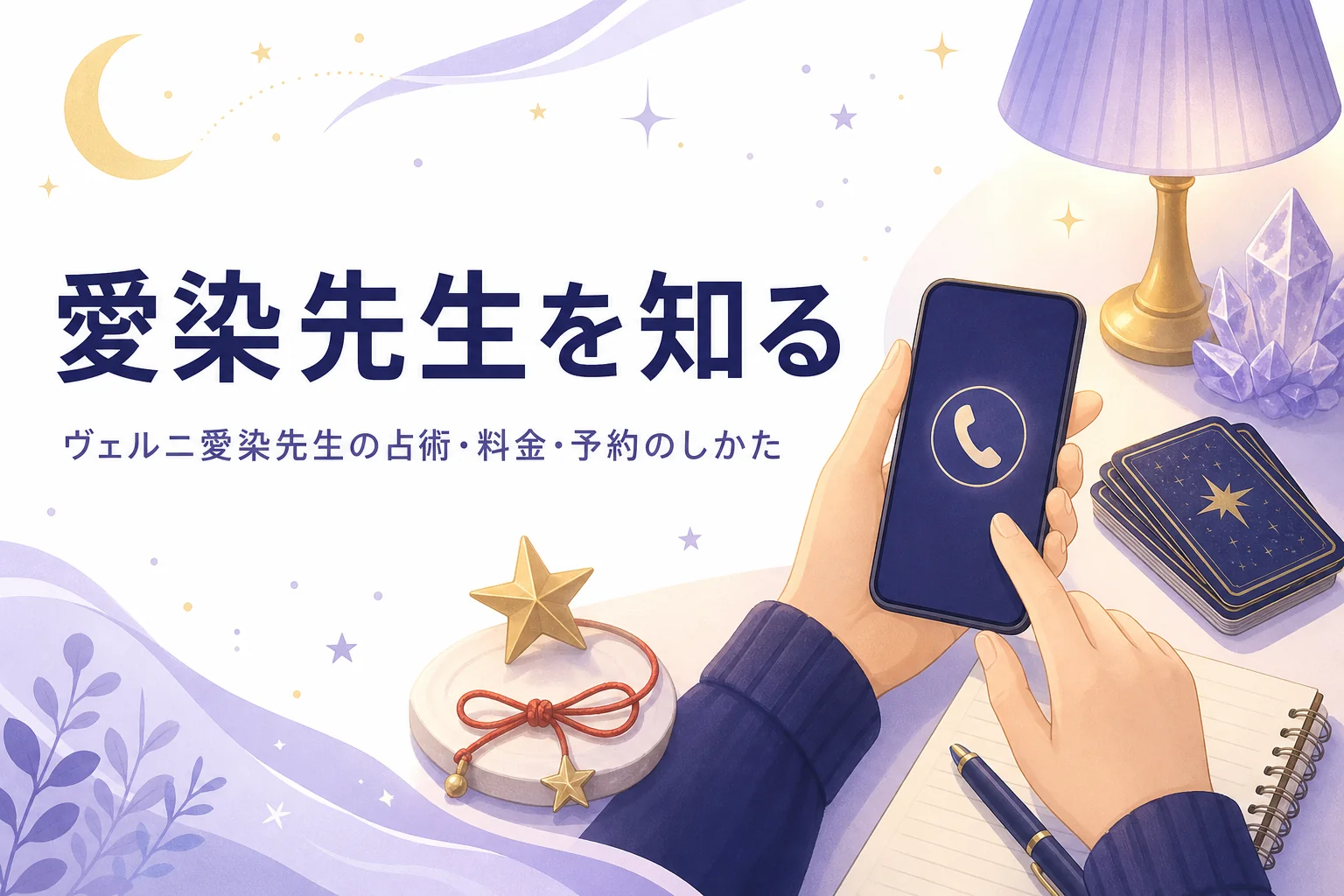 電話占いヴェルニの愛染先生の占術・料金・予約のしかたを紹介する記事のアイキャッチ