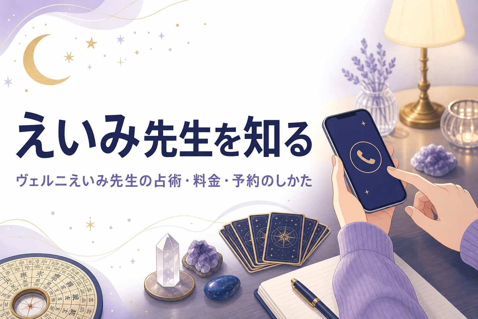 電話占いヴェルニの瑛未(えいみ)先生の占術・料金・予約のしかたを紹介する記事のアイキャッチ