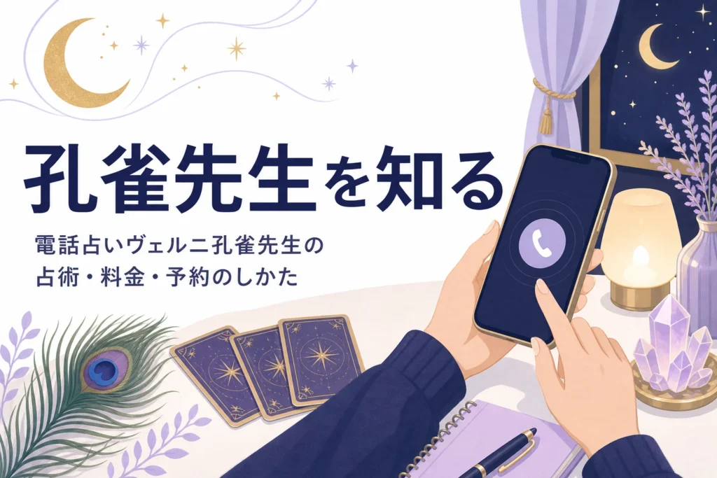 電話占いヴェルニの孔雀先生の占術・料金・予約のしかたを紹介する記事のアイキャッチ