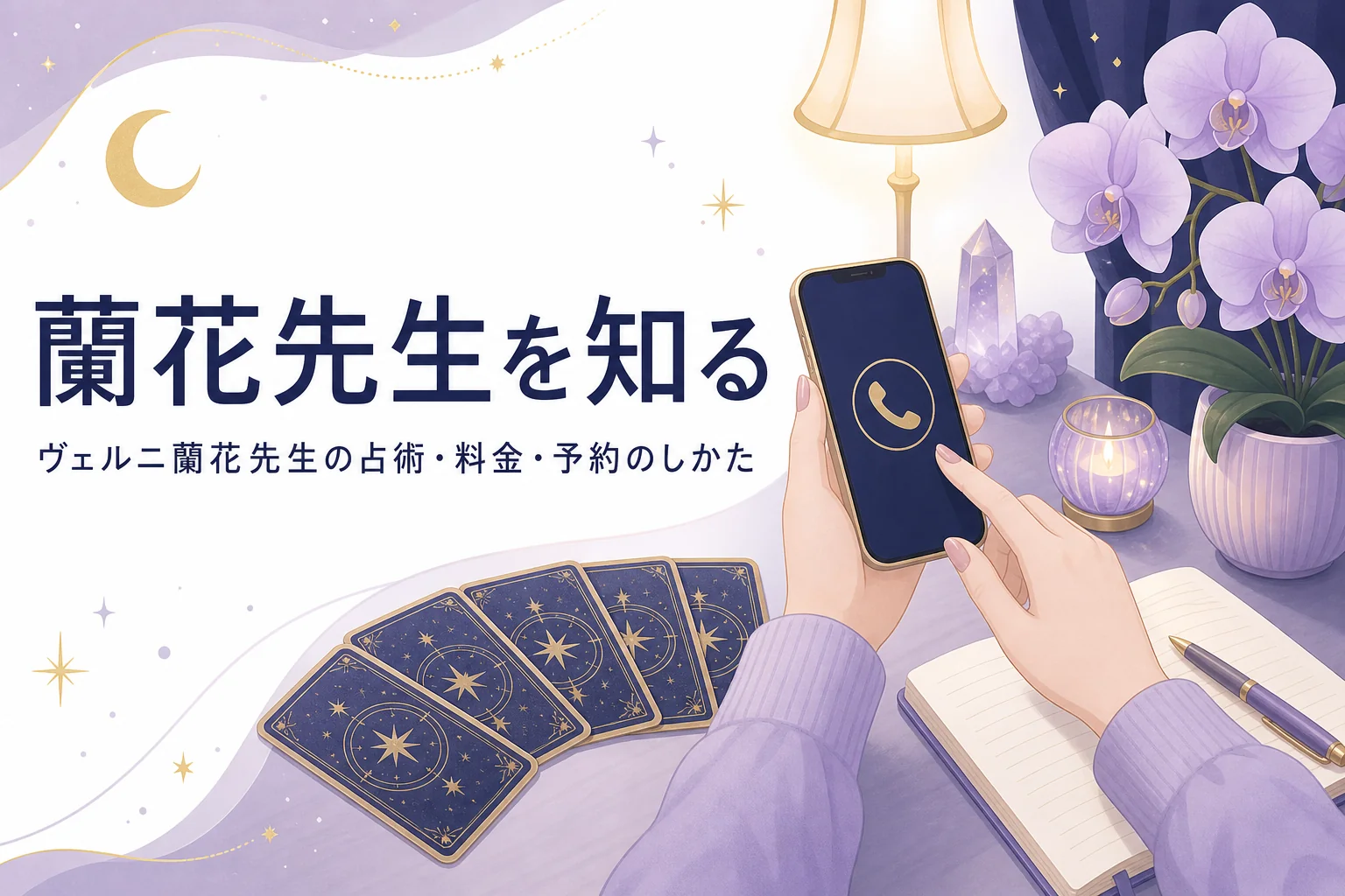 電話占いヴェルニの蘭花先生の占術・料金・予約のしかたを紹介する記事のアイキャッチ