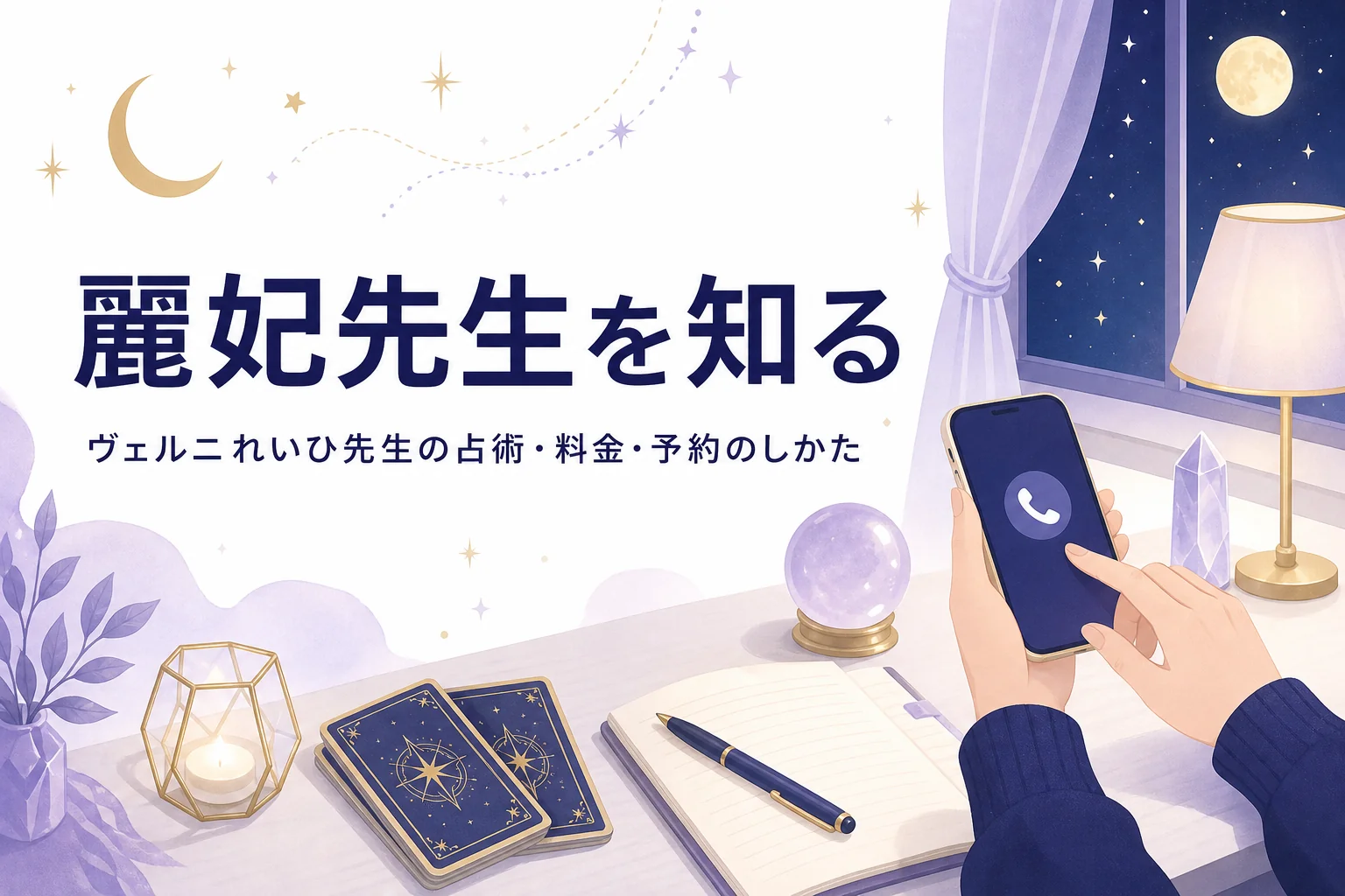 電話占いヴェルニの麗妃(れいひ)先生の占術・料金・予約のしかたを紹介する記事のアイキャッチ