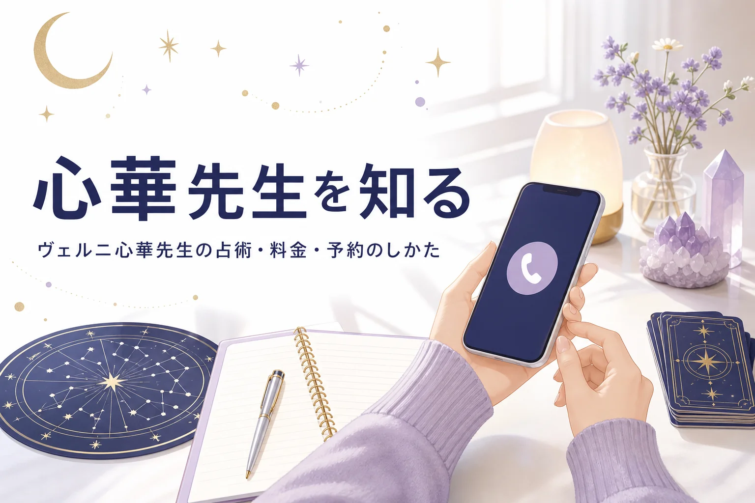 電話占いヴェルニの心華先生の占術・料金・予約のしかたを紹介する記事のアイキャッチ