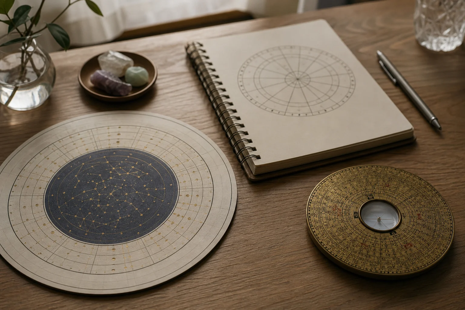 心華先生の占術を表す、星の配置を描いた宿曜の円盤と数字を書いたノート、風水の方位盤が並ぶ机の写真