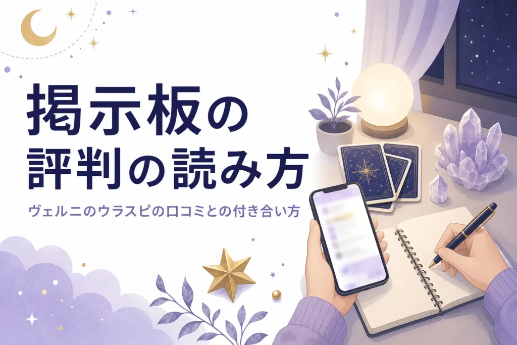 電話占いヴェルニのウラスピやレディスピの書き込みを、公式の情報で確かめながら読む方法を紹介する記事のアイキャッチ